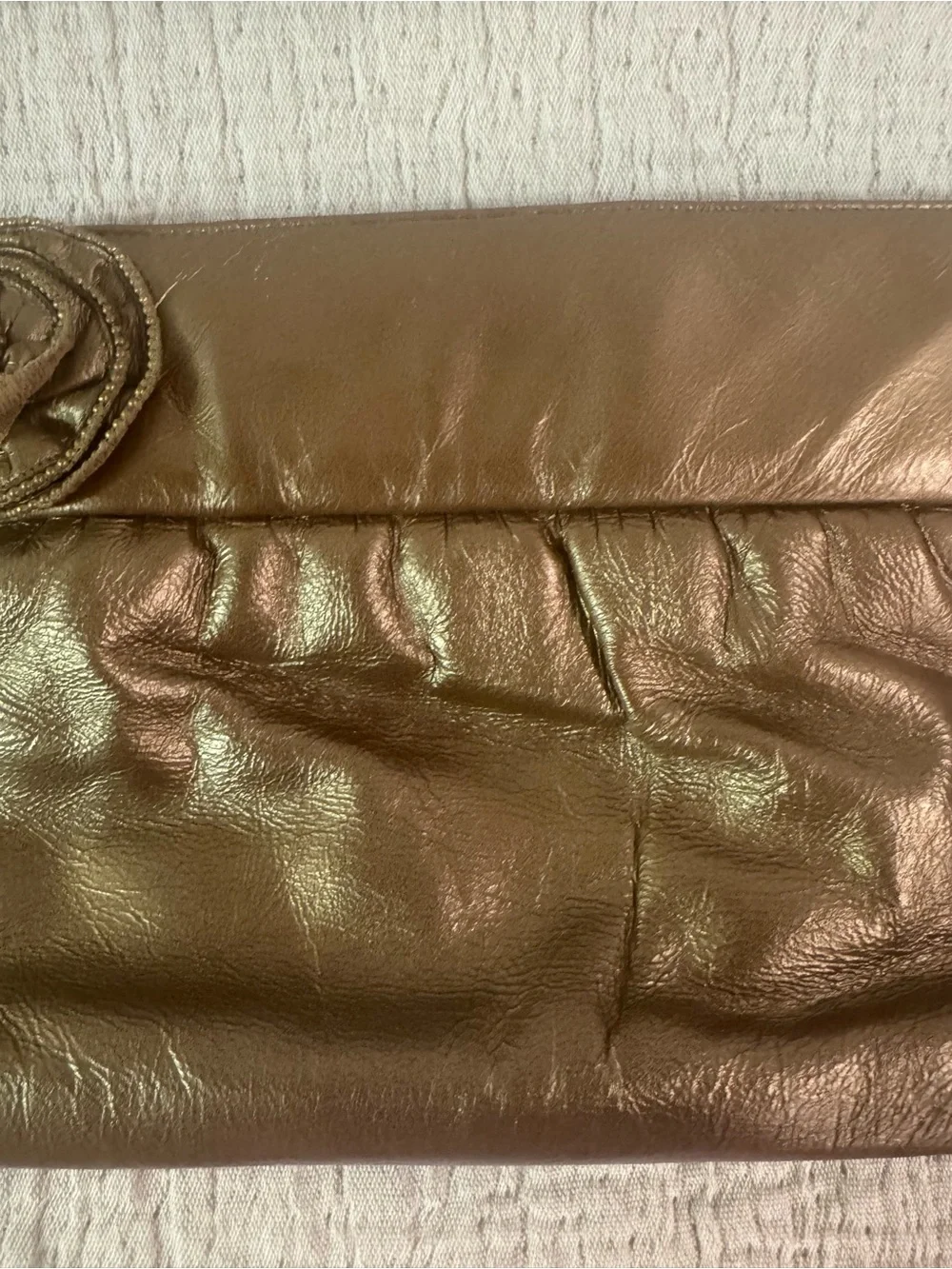 VTG Stuart Weitzman Metallic Bronze Hinge Open Clutch with Zipper Rosette